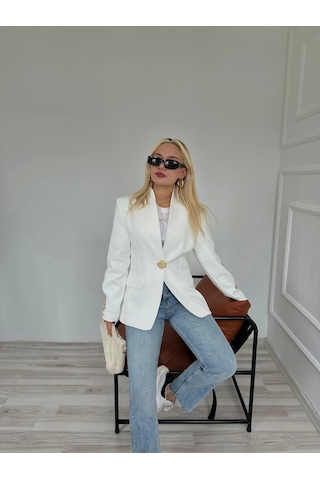 Kadın Gold Düğmeli Hakim Yaka Blazer Ceket Beyaz Beyaz