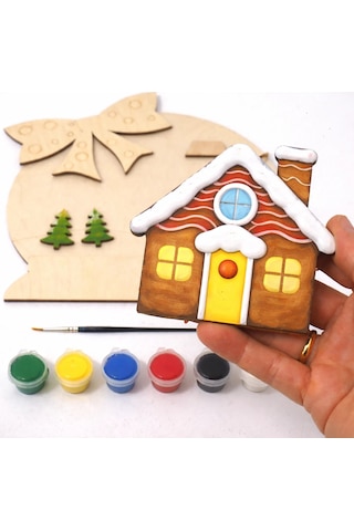 Yılbaşı Evi Kar Küresi Ahşap Boyama Etkinlik Seti Eğitici Çocuk Aktivite Fırça Akrilik Kreş Okul