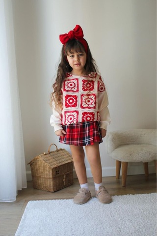Kidsmadamiko Kız Çocukları Için Kırmızı Ekose Şort Etek Ve