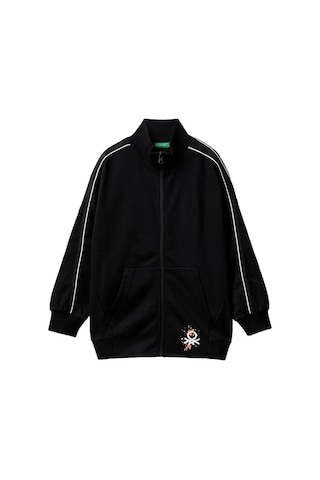United Colors Of Benetton Benetton Erkek Çocuk Siyah Önü Arkası Baskılı Kolları Şerit Detaylı Fermuarlı Sweatshirt Siyah