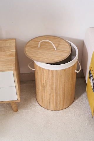 İronika Bambu Kirli Çamaşır Sepeti Halatlı Bambu Çamaşır Oyuncak Sepeti Yuvarlak Açık Kahverengi