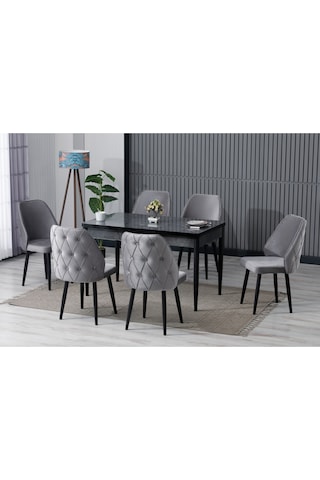 Cora Serisi Siyah Mermer Desenli Mutfak Masa Takımı Gri