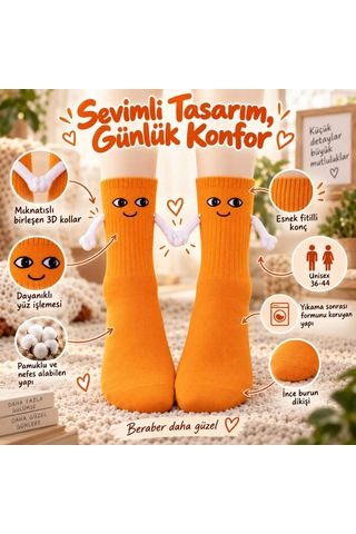 Womanandkids Wak Mıknatıslı El Ele Unisex Tutuşan Sevimli Çorap 36-44 Çift Hediyesi, Pamuklu Renkli Crew Model Turuncu