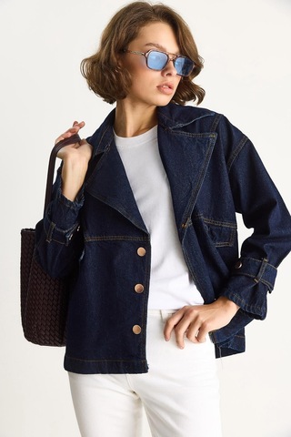 Kadın Geniş Yaka Uzun Kollu Ayarlanabilir Manşetli Denim Ceket 6089 60283543 - Lacivert