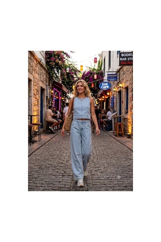 Zdnjeans Kadın Buz Mavi Denim İkili Takım Kolsuz Crop Bluz & Bol Paça Pantolon
