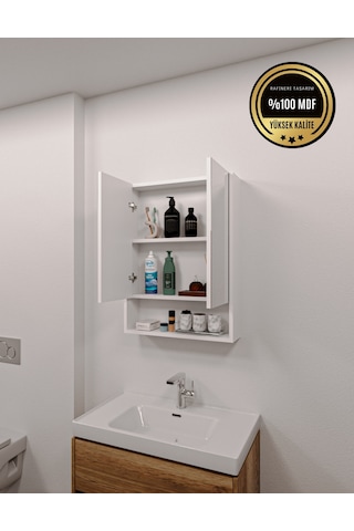 Lotus Mdf 2 Kapaklı Aynalı Banyo Dolabı Lavabo Üstü Dolap Çok Amaçlı Banyo Dolabı Beyaz