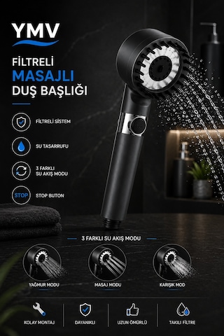 Ymv Premium 3 Lü Spa Duş Seti Masajlı Filtreli Duş Başlığı + 150 Cm Siyah Pvc Hortum + Siyah Askı + 3 Yedek Filtre