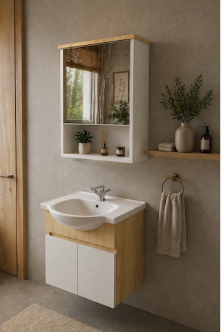 Darende 55cm Seramik Lavabolu Mdf Aynalı Banyo Dolabı Ahşap - Beyaz