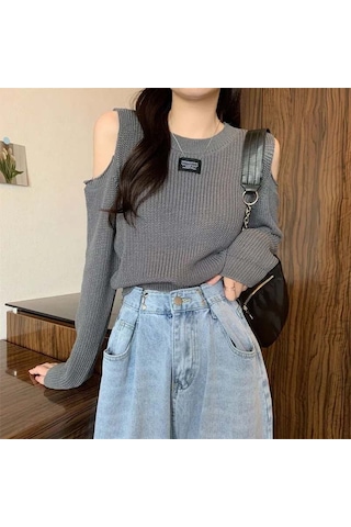 Siyah Tasarım Duygusu Sonbahar Kış Kazak Kazak Triko Kadın Kapalı Omuz Astar Dışında Giyin İnce Tasarım Üst Siyah