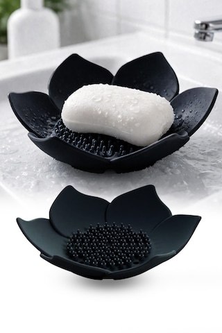 Lotus Desenli Sabun Ve Sünger Tutacağı Silikon Siyah Su Giderli Lotus Şekilli Şık Katı Sabunluk Diğer