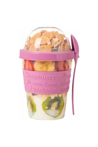 Renkli Take And Go Kaşıklı Hazneli Meyveli Yoğurt Kabı Piknik Iş Atıştırmalık Diyet Müsli Granola Süt Bardağı Gece Mavisi Bakır