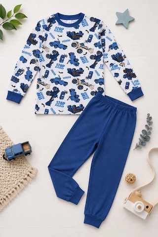 Ertaş Trend Store Erkek Çocuk Premium Penye İş Makinesi Desenli Uzun Kollu Pijama Takımı 2-11 Yaş - Mavi Çok Renkli