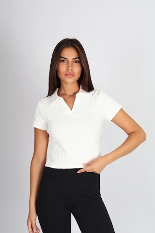 Soft&Basic Polo Yaka Raporlu Jakar Crop Fit T-shirt Ekru