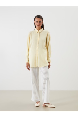 Lcw Modest Ekru Beli Lastikli Çizgili Keten Karışımlı Kadın Pantolon