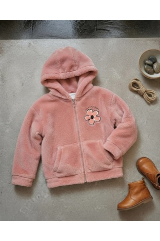 Flower Kız Çocuk Çiçek Nakışlı Pembe Peluş Kapüşonlu Hırka Kışlık