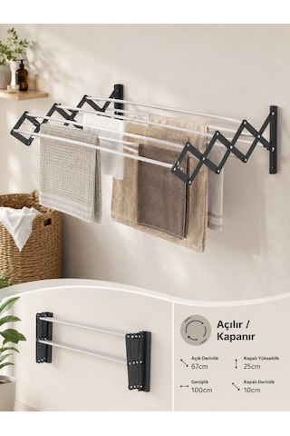 Çamaşır Kurutma Askılığı Katlanır Duvara Monte Balkon Banyo Askılık Duvar Tipi Yer Tasarruflu Kurutmalık 100 Cm Akordiyon Antrasit