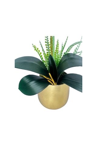 Yapay Çiçek Beyaz Islak Orkide Gold Metal Saksıda Seramik Saksıda Orkide 60cm
