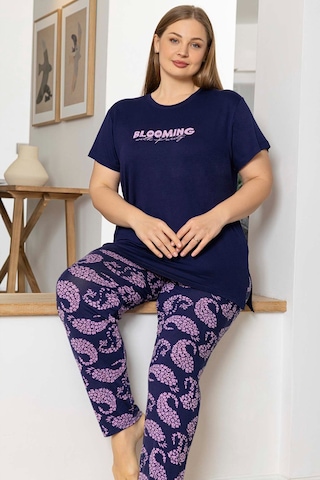 Aydoğan Kadın İnci Büyük Beden Kısa Kol Lacivert Pijama Takım 0064 Lacivert