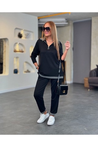 Modaserdem Kadın Uzun Kollu Ribana Ve Fermuar Detay Bluz Ve Yüksel Bel Pantolon 2li Takım Siyah