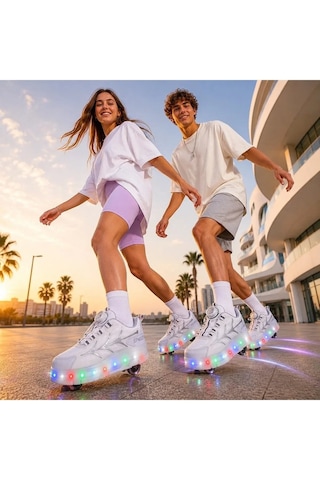 Zacoz Led Işıklı Patenli Spor Ayakkabı 36-40 Numara Tekerlekli Unisex Sneaker beyaz