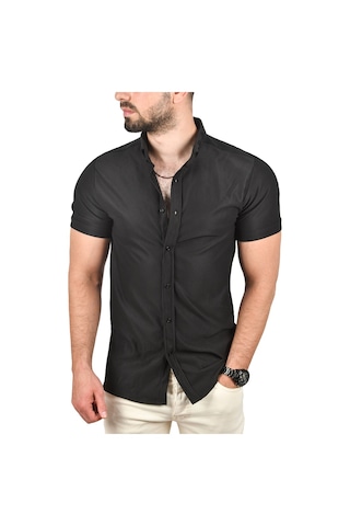 Deepsea Erkek Siyah Slim Fit Likralı Spor Gömlek Dar Kesim Jakar Kumaş Kısa Kol Gömlek 2500804 Siyah