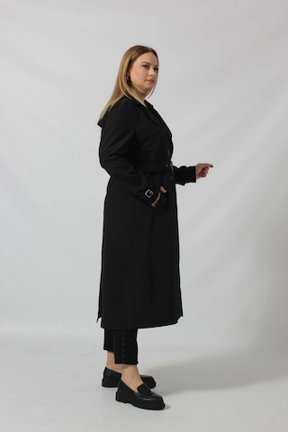 Dizaltı Düğmeli Kuşaklı Trençkot Siyah Siyah