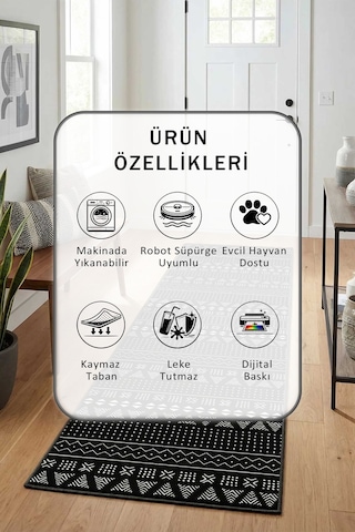 Sümer Siyah Beyaz Salon Mutfak Yatak Odası Yıkanabilir Yolluk Beyaz - Siyah