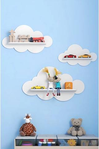 Beyaz Dekoratif 3'lü Bulut Çocuk Odası Duvar Rafı Duvar Süsü