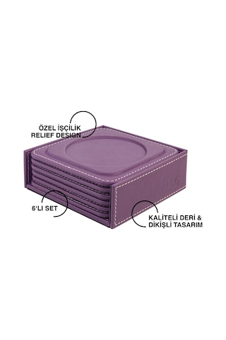 Bardak Altlığı,6 Lı Set,masaüstü Yuvarlak Cup Coaster,vegan Suni Deri,11x11 Cm.,lila Lila