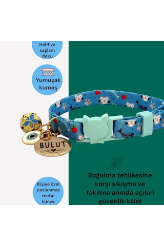 Caramelos Güvenlik Kilitli Kedi Tasması İsimli Kedi Tasması Mavi
