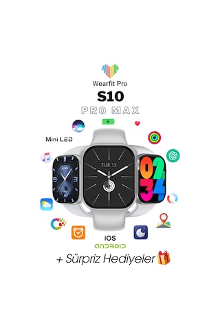 Wearfitpro Wearfit S10 Pro Max 7 Kordonlu Akıllı Kol Saati Smart Watch Miniled Ekran Gri 45mm
