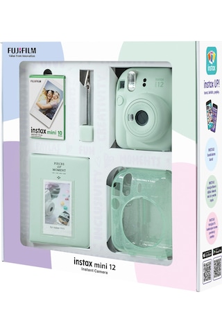 Fujifilm Instax Mini 12 Fotoğraf Makinesi + 10'lu Film + Simli Pleksi Kılıf + Pvc Albüm + Kıskaçlı Resim Standı Yeşil