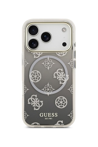 Apple Uyumlu iPhone 17 Pro Kılıf Guess Lisanslı M-safe Özellikli Simli Peony Desenli Silikon Kapak Siyah Siyah