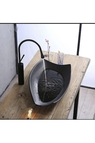 İsaoğlu Yapı Siyah Çanak Lavabo Bataryası Modern Tasarım Banyo Bataryası Drop Design Siyah Çanak Batarya Siyah
