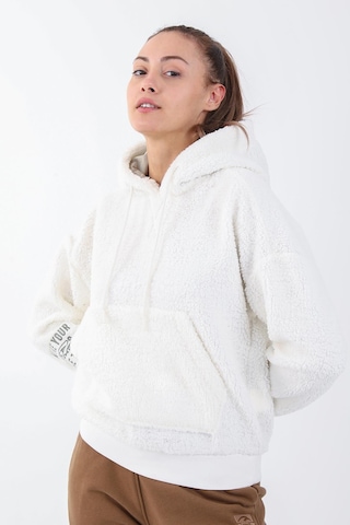 Maraton Sportswear Comfort Kadın Kapşonlu Uzun Kol Basic Ekru Sweatshirt 21443-ekru