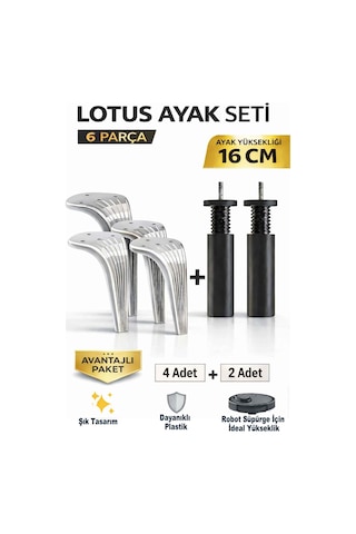 Lotus 16 Cm Ayak Seti Krom 6 Parça Robot Süpürgeye Uyumlu Koltuk Mobilya Dolap Baza Ayağı Krom