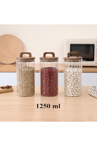 Borosilikat Cam Vakumlu Kavanoz 1250 Ml Akasya Kapaklı Bakliyat & Baharat Kavanozu 3 Adet Şeffaf