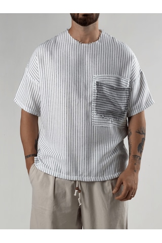 Cocopelli Beyaz Çizgili Patch Bohem Erkek T-shirt Coc3279