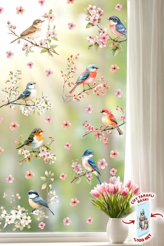 Çift Taraflı Cam Sticker Kuş Ve Çiçek Seti 57 Parça Bahar Temalı Pencere Süsü, %100 Net Görünüm Dijital Baskı