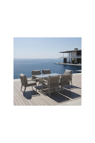 Dora Garden Home Defne 6 Kişilik Rattan Bahçe Balkon Mutfak Masa Takımı Açık Gri Siyah Çizgili