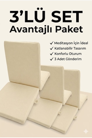 Meditasyon Sandalyesi Sırt Destekli Yer Minderi, Pamuklu Kumaş 3 Adet Ekru