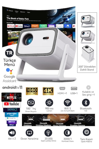 Wanbo Vali 1 Projeksiyon Cihazı 900 ANSI Lümen Android TV Dahili Stand