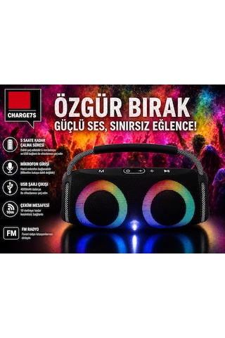 Caharge7s Taşınabilir Hoparlör Ses Bombası Ses Sistemiz Taşıma Saplı Fm Radyo Mikrofon Girişi Usb Aux Girişi Tf Kart Okuyucu Su Geçirmez 4.000mah Batarya 10 Metreye Kadar Kesintisiz Bağlantı Led Işık