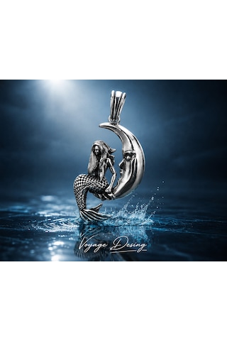 Paslanmaz Çelik Ay Ve Deniz Kızı Temalı Kolye /moon Mermaid Deniz Kızı Kolye