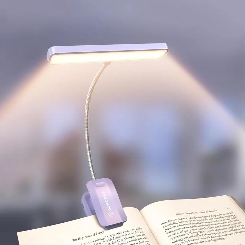 Glocusent Esnek Boyunlu Klipsli Kitap Okuma Lambası 1200mah Usb-c 90 Saat Cct Dim Gece Okuma Işığı - Mor
