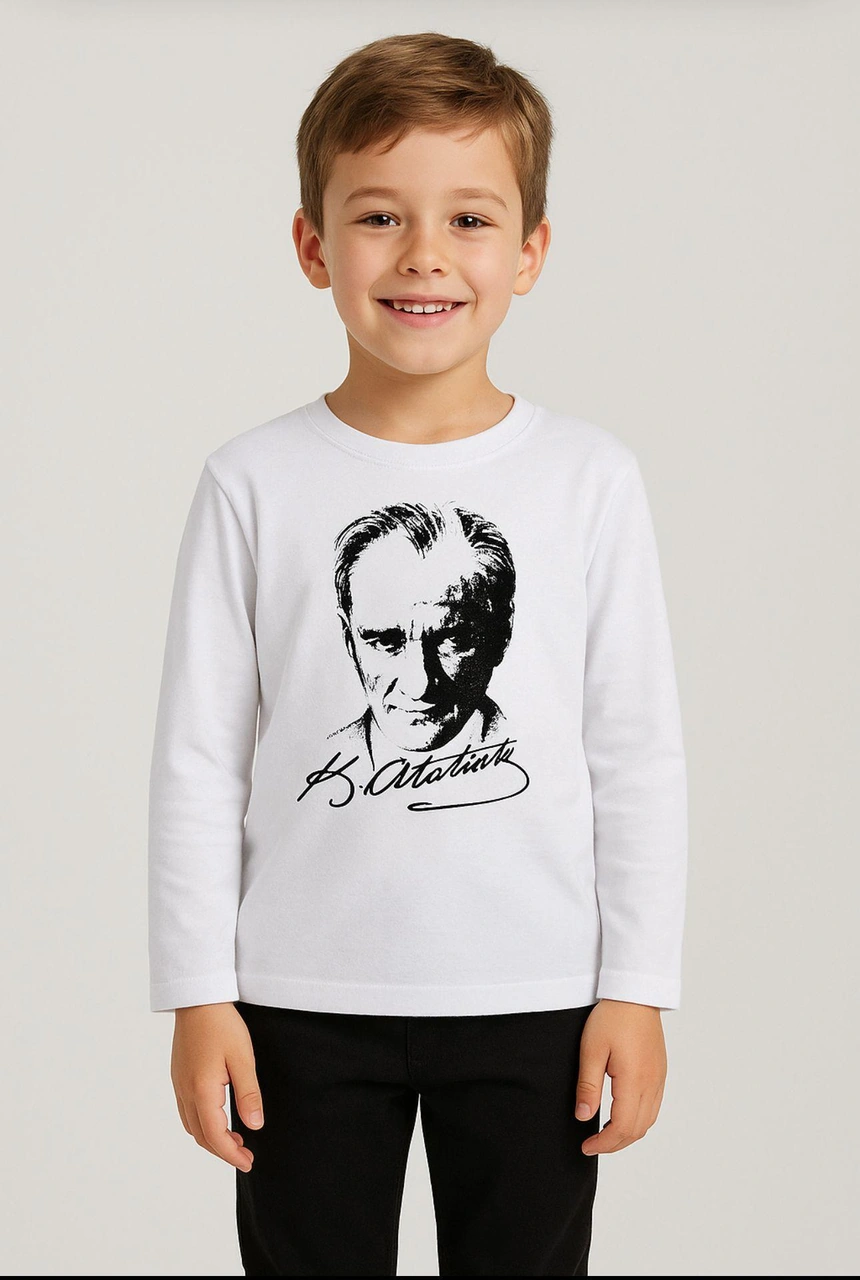 Gala Atatürk Baskılı Uzunkol Ünisex Çocuk Tişört Beyaz