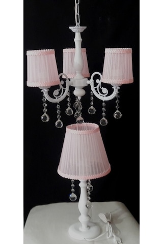 Pembe Çocuk Odası Taşlı 3 Kollu Avize Abajur Seti