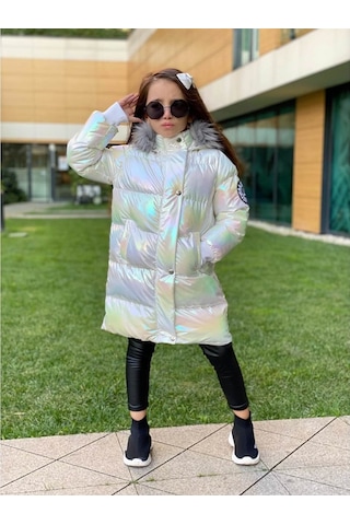 Quzucuk Kids 3 Çınar Kız Çocuk Petrol Beyaz Uzun Şişme Mont Bej