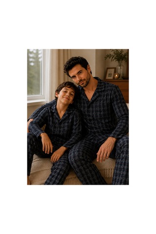 Free Beka Ekose Desenli Baba Oğul Uzun Kollu Gömlek Yaka Düğmeli Erkek Pijama Takımı Gri