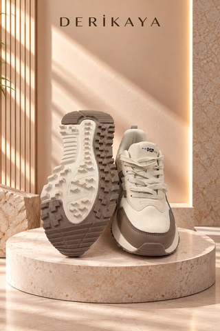 Deri Kaya Erkek Bej Haki Detaylı Bağcıklı Kalın Taban Günlük Sneaker Ayakkabı Bej - Haki